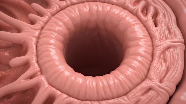 Microscopic View Of Intestinal Villi Showing Absorption Surface Detailed 3D Medical Animation With Soft Pink Lighting And Realistic Textures