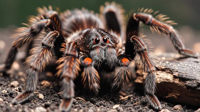 Extreme closeup of a hairy tarantula spider with red markings on its face showcasing its detailed texture and multiple eyes in a naturalistic setting.