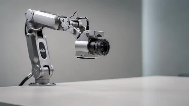 Close medium shot of compact robotic camera arm executing controlled motion on a table emphasizing precision while the environment fades softly behind.