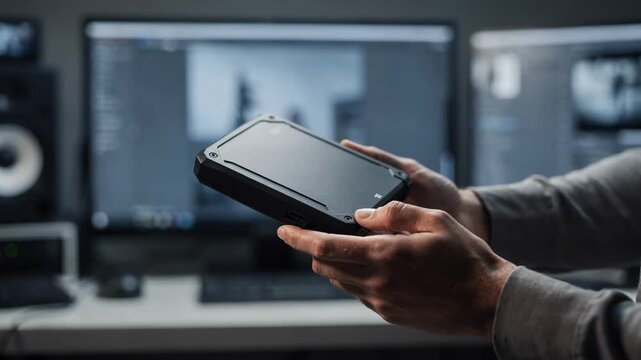 Closeup of a technician holding an encrypted hard drive with blurred studio monitors in the background symbolizing secure physical media delivery for mastered film content.