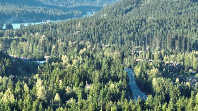 High Aerial View of Whistler Highway and Forest Neighborhood, British Columbia Canada