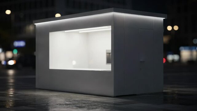 Clean minimalist kiosk concession stand glowing gently at night signage sharply in focus while the streamlined structure and background are softly blurred.