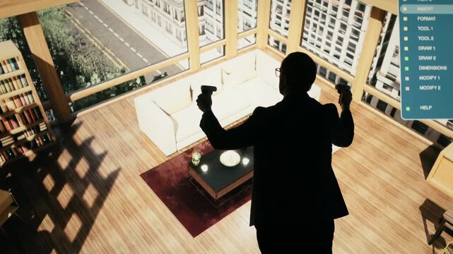 Man moving assets in 3D modeling program with remote control gadget. Interior designer using computer aided architectural design software displayed on digital wall screen, camera B