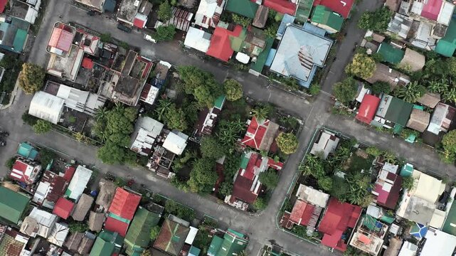 Top-down aerial view of Donsol town with roads, buildings, and trees, Philippines
