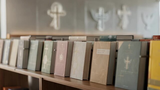 Contemporary religious publishers shelves with sleek modern devotionals in sharp focus subtle spiritual iconography softly blurred in the background creating a peaceful reading