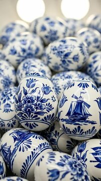 Delftware Inspired Ceramic Easter Eggs with Traditional Blue Floral and Windmill Patterns
