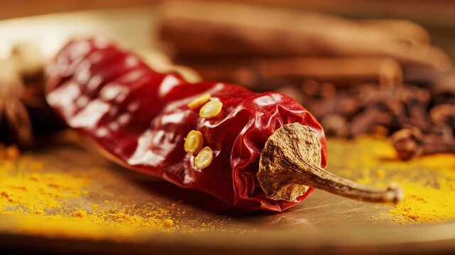 Close up of a dried red chili pepper with visible seeds sprinkled with yellow turmeric powder surrounded by cinnamon sticks and star anise on a brass plate with warm lighting