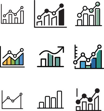 Financial growth and data analysis bar chart and line graph icons set.
