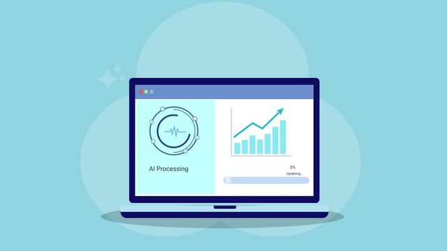 Animated flat vector illustration of an AI analytics dashboard displayed on a laptop screen with charts and progress elements, representing automation, data analysis, and modern digital technology.