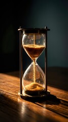 Vintage hourglass with golden sand flowing through glass bulbs in wooden frame on rustic table against dark moody background for time management concepts.