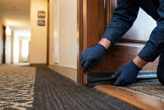 Handyman installing a door sweep seal for soundproofing and insulation