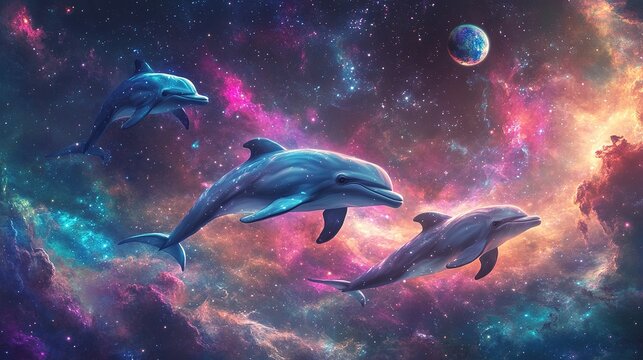 Celestial Dolphins: A breathtaking depiction of three dolphins gracefully navigating the cosmic expanse. These intelligent marine mammals are set against a vibrant tapestry of stars, nebulas.