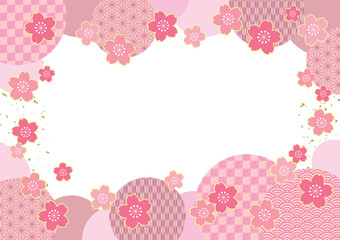 桜の花と和柄サークルの春らしい和風フレームポストカード/ピンク