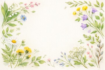 Fototapeta premium Watercolor spring flowers and plants on white background with floral border design. concept of nature's beauty, seasonal greeting card, botanical illustration, copy space