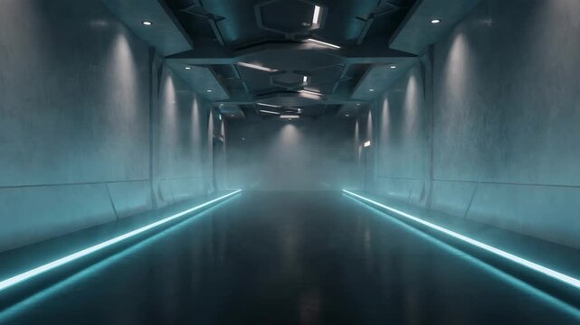 Icy teal and cyan aisle lights sharply contrast with muted background wall washers and layered ceiling patterns emphasizing a futuristic preshow mood.