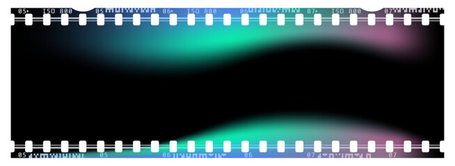 Obraz premium Vintage film strip frame with neon light leaks. Vector cinema border with turquoise and purple aurora flare effect for photo overlay and retro video aesthetic.