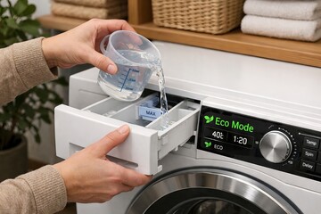 Person pouring water into washing machine detergent drawer in eco mode. concept of water conservation, energy efficiency, eco-friendly laundry practice.