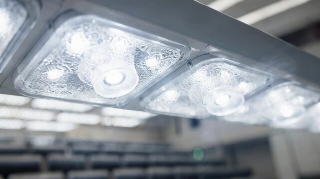 Closeup of cool white LED retrofit bulbs glowing brightly in a ceiling fixture capturing detailed light texture while the surrounding auditorium fades softly out of focus.