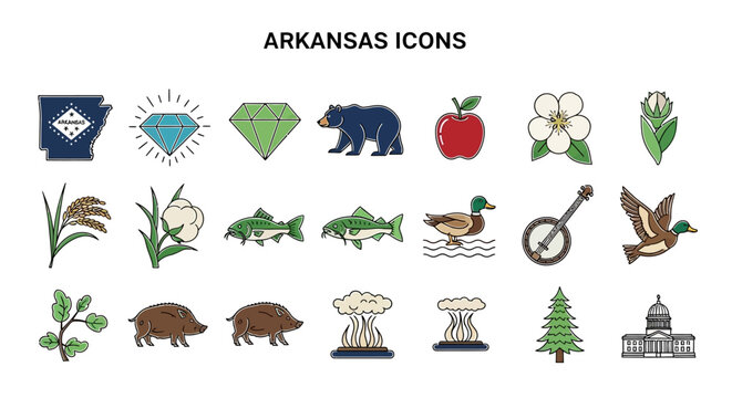 A Comprehensive Set of Vector Icons Capturing the Distinctive Natural Beauty, Diverse Wildlife, Unique Flora, and Cultural Elements of Arkansas State