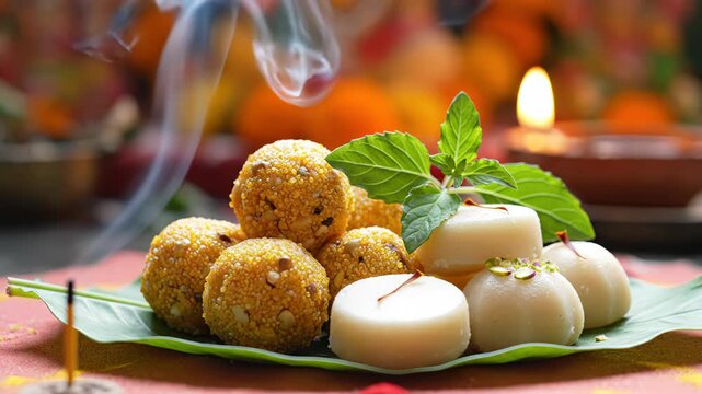 Close Up Of A Plate Of Indian Sweets Including Laddoos And Peda Garnished With Mint Leaves And Saffron With A Lit Diya And Incense Smoke In The Background Creating A Festive Atmosphere And Warm