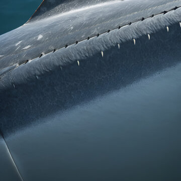 Close-up view of a shark's tail, showcasing the textured skin and serrated dorsal edge of the caudal fin in detail.