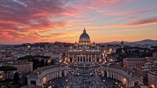 breathtaking aerial morning shot capturing iconic domed basilica at sunrise, with the twinkling city lights still visible below The sky behind the structure is painted in stunning shades of red, ora