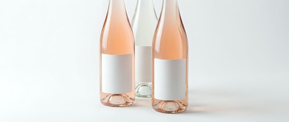 Fototapeta premium Three elegant wine bottles with blank white labels on clean background, featuring rose and white wine varieties for branding mockup and packaging design projects.