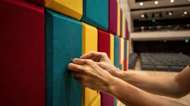 Closeup medium shot of bright colorful fabric absorbers being aligned on auditorium walls technicians hands in sharp focus with soft blurred audience area behind.