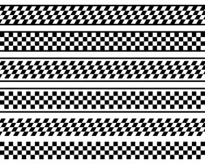 Set of borders or dividers with checkered texture. Tapes with rally flag, chess board, taxi or police print. Ribbons with repeated black and white squares. Vector graphic illustration