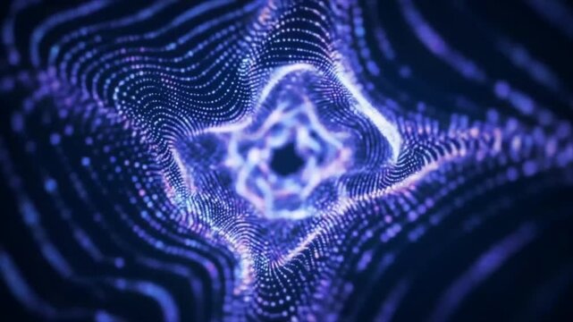Futuristic digital tunnel background with glowing blue and purple neon lights and particles flowing through a wormhole creating a sense of depth and movement in a abstract pattern