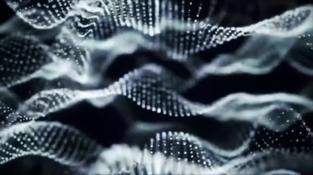 Futuristic digital wave pattern with glowing white lines and particles on dark background technology concept