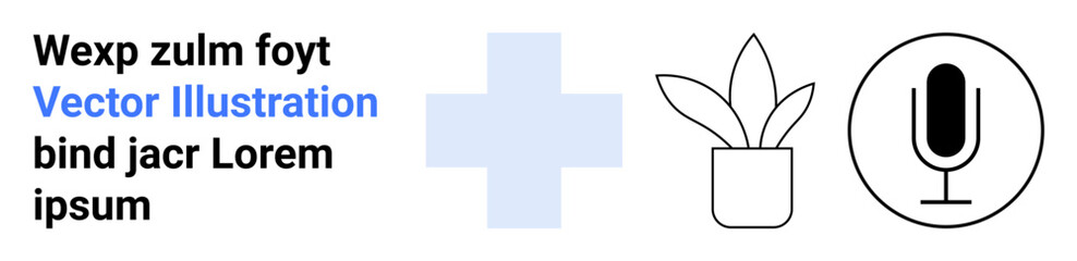 Obraz premium Health care, communication, minimalism, media design, content creation, wellness . Text alongside a cross, plant microphone symbol. Health care and communication-focused minimalistic concept