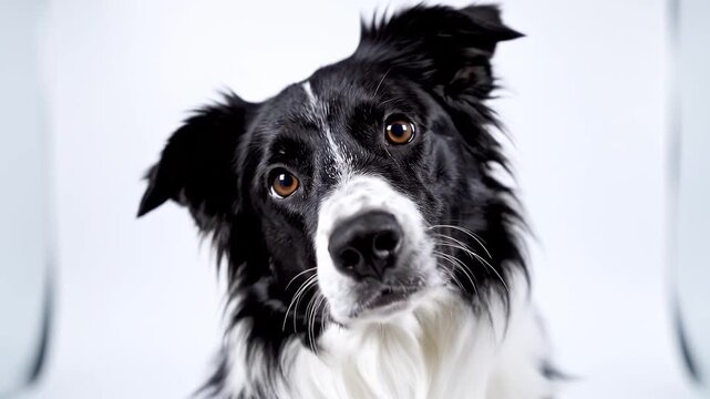 Extreme Close Up of Curious Black and White Border Collie Tilting Head in Studio