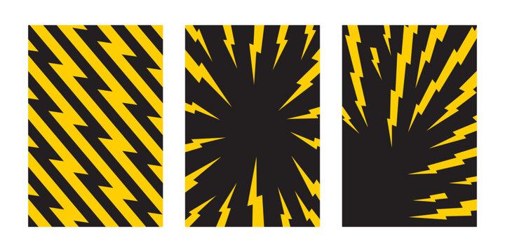 Set of vertical posters with yellow thunderbolt zigzag shapes on black background. Wallpapers with danger or shock manga style print. Flash electric light patterns. Vector flat illustration