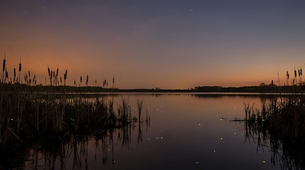 Obraz premium Tranquil lake at sunset with reeds silhouettes reflecting in calm water. Peaceful evening landscape with purple and orange sky for nature backgrounds.