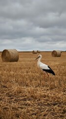 Naklejka premium White stork standing in harvested wheat field with hay bales under dramatic cloudy sky in rural countryside landscape.