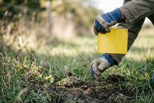 Utility worker or surveyor kneeling in the grass and pushing a yellow marker flag into the ground to mark a buried line