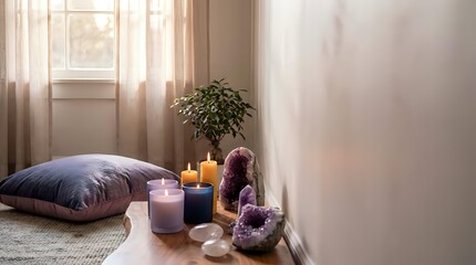 Cozy meditation corner with candles, crystals, cushion and plant creating peaceful wellness space for mindfulness practice and relaxation at home.