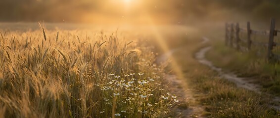Obraz premium Golden wheat field at sunset with wildflowers along country path creating warm agricultural landscape for farming and harvest concepts.