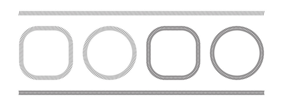 Set of dividers and round frames with slash and crossed lines borders. Slanted stitches and crosses embroidery ornaments. Simple sewing overlock fabric prints. Vector graphic illustration