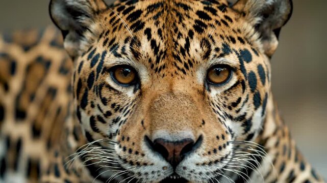Intense Close Up Shot of Wild Jaguar Face Portrait Wildlife Conservation