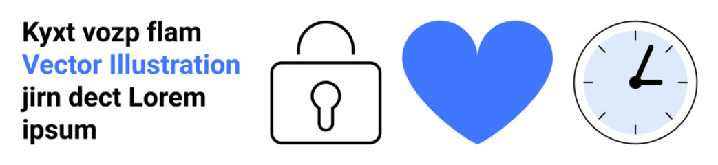 Cybersecurity, emotional connection, time management, digital services, user safety, productivity. Minimalistic padlock, heart and clock icons. Cybersecurity and emotional connection in symbols