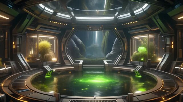 Futuristic Sci-Fi Bio-Dome with Glowing Green Pool Generative AI