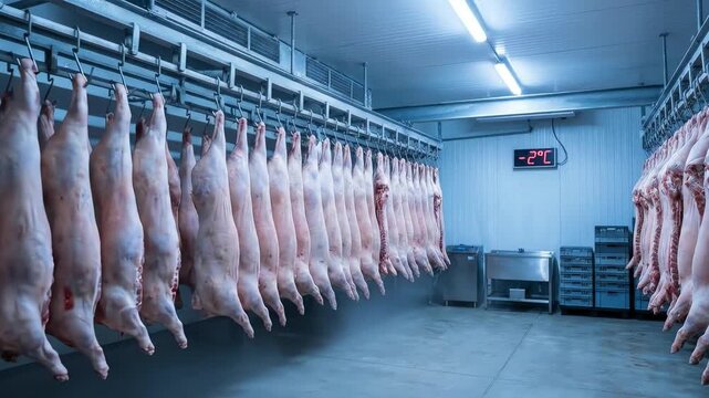Fresh pig carcasses hanging in a large industrial cold storage for meat processing concept and modern food supply chain