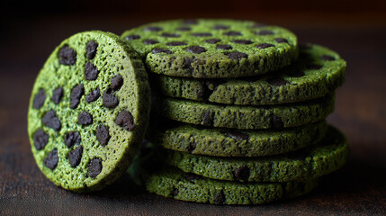 深みのある緑色の生地にたっぷりのチョコチップが埋め込まれた薄焼きの抹茶クッキー