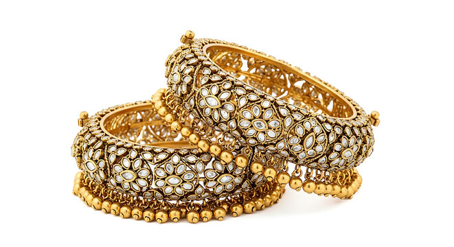 Pair of Exquisite Handcrafted Gold Kangan Featuring Kundan White Stones and Gold Bead Detailing for South Asian Bridal Trousseau and Festive Wear.
