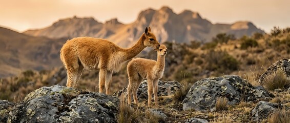 Fototapeta premium Vicuña family with mother and young cria standing on rocky terrain in Andean highlands during golden hour sunset light creating warm atmospheric wildlife scene.