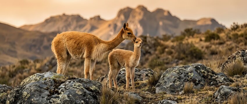 Vicu&ntilde;a family with mother and young cria standing on rocky terrain in Andean highlands during golden hour sunset light creating warm atmospheric wildlife scene.
