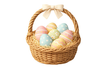 Colorful Easter eggs in a wicker basket with bow
