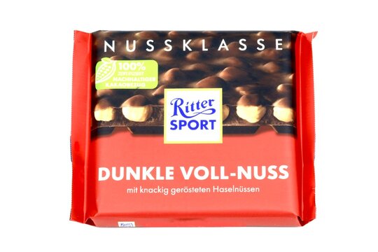 Ritter Sport brand of chocolate bar from the family-owned Alfred Ritter GmbH & Co. KG, which has its HQ in Waldenbuch, Germany. The company was founded in 1912 by Clara and Alfred Eugen Ritter